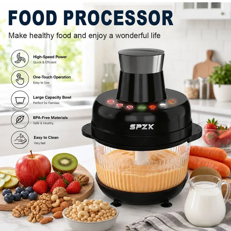 SPZK 500W Full-Size Food Processor - US Registered Professional Kitchen Appliance, 5QT Capacity, Auto Presets (Meat Grinder, Vegetable Chopper, Dough Kneading), 6 Precision Modes, Glass Bowl, 5 Qt Capacity