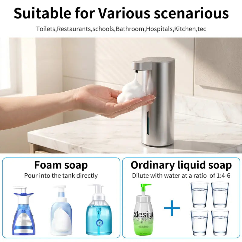 Antifingerprint Stainless Steel Automatic Dispensing Soap Dispenser, 360ML Visible Large Liquid Tank, IP67 Waterproof, Type-C Rechargeable (90-Day Runtime), Wall Mount-Countertop Dual Use, Foam/Diluted Liquid Soap Compatible, Ideal for Bathroom, Kitchen,
