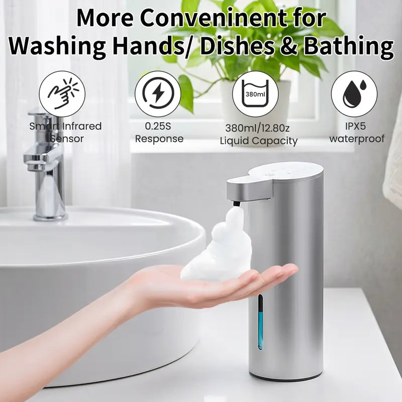 Antifingerprint Stainless Steel Automatic Dispensing Soap Dispenser, 360ML Visible Large Liquid Tank, IP67 Waterproof, Type-C Rechargeable (90-Day Runtime), Wall Mount-Countertop Dual Use, Foam/Diluted Liquid Soap Compatible, Ideal for Bathroom, Kitchen,