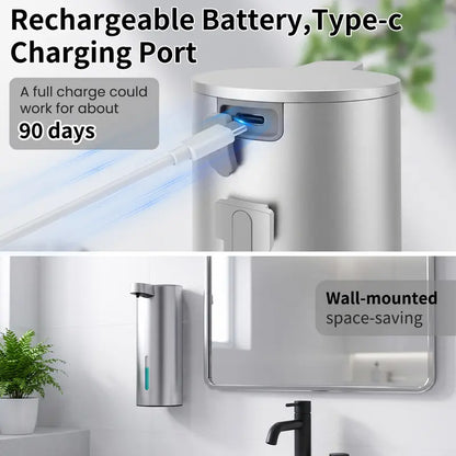 Antifingerprint Stainless Steel Automatic Dispensing Soap Dispenser, 360ML Visible Large Liquid Tank, IP67 Waterproof, Type-C Rechargeable (90-Day Runtime), Wall Mount-Countertop Dual Use, Foam/Diluted Liquid Soap Compatible, Ideal for Bathroom, Kitchen,