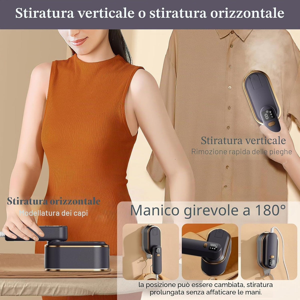 Steamer Da Viaggio Con Schermo LCD, Riscaldamento Rapido 10S, 2000 W, 3 Livelli Di Vapore, Manico Girevole a 180°, Piroscafo Portatile (Grigio)