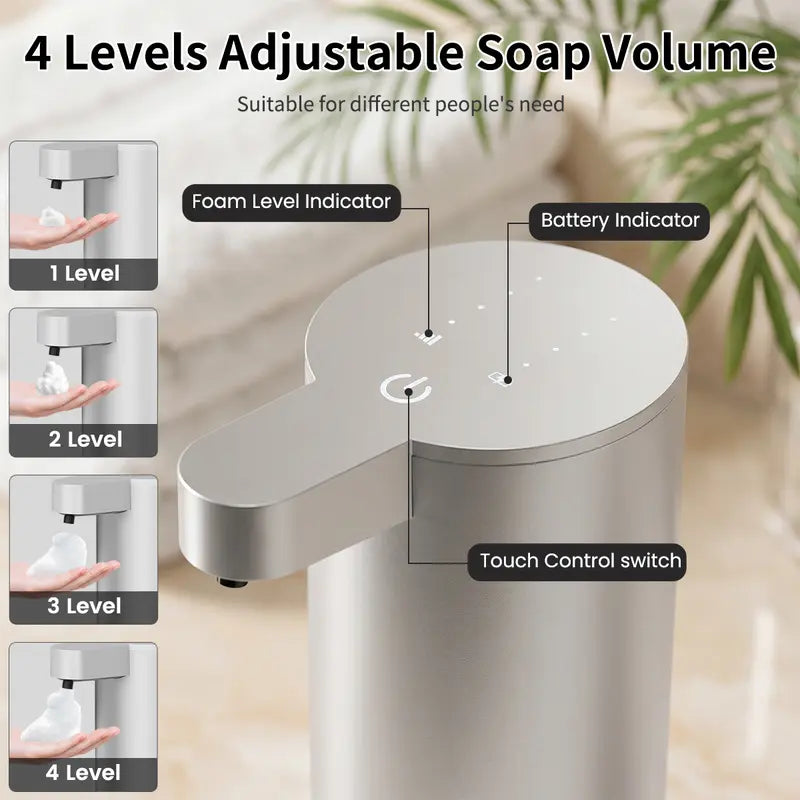 Antifingerprint Stainless Steel Automatic Dispensing Soap Dispenser, 360ML Visible Large Liquid Tank, IP67 Waterproof, Type-C Rechargeable (90-Day Runtime), Wall Mount-Countertop Dual Use, Foam/Diluted Liquid Soap Compatible, Ideal for Bathroom, Kitchen,
