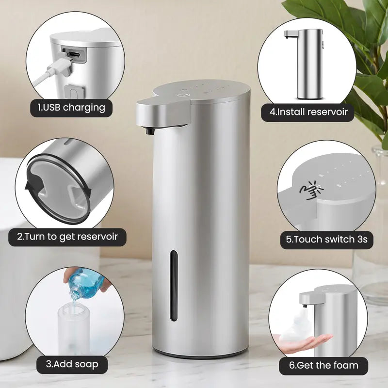 Antifingerprint Stainless Steel Automatic Dispensing Soap Dispenser, 360ML Visible Large Liquid Tank, IP67 Waterproof, Type-C Rechargeable (90-Day Runtime), Wall Mount-Countertop Dual Use, Foam/Diluted Liquid Soap Compatible, Ideal for Bathroom, Kitchen,