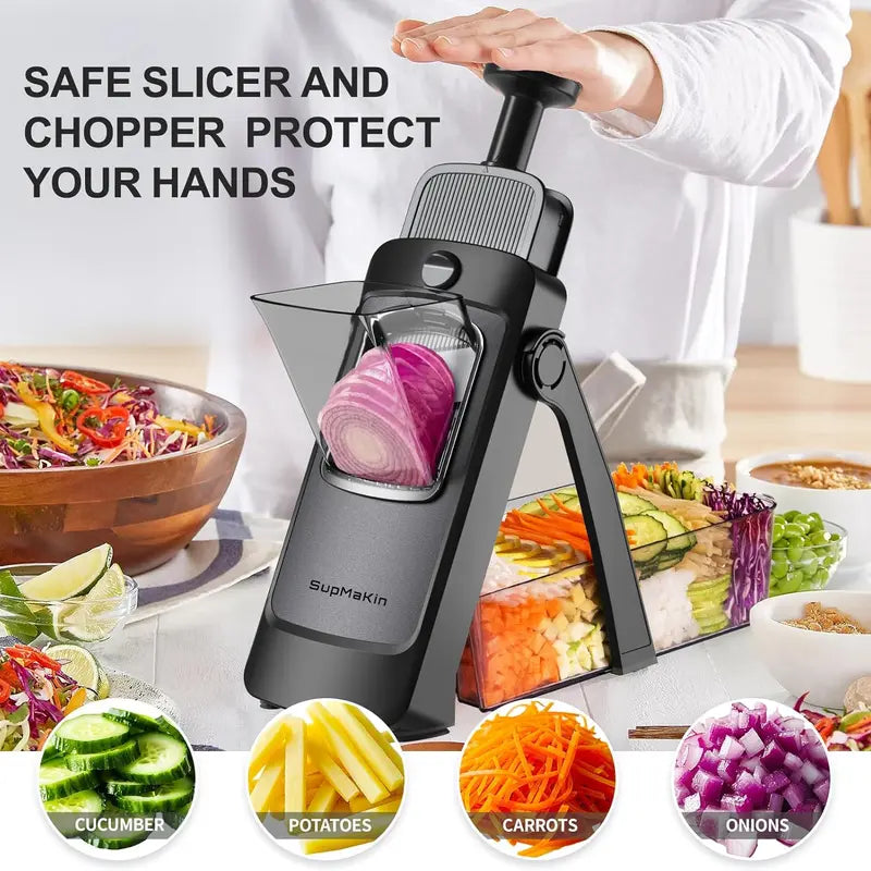 SUPMAKIN Stainless Steel Heavy-Duty Foldable Mandoline Slicer - Vegetable Shredder, Modern Potato Cutter, Potatoes Slicer with 3.94*4.7 Inch Feeding Port, Covered Extended Food Storage Container, Adjustable Blade Cutter, 2026 Kitchen Gift Utensil