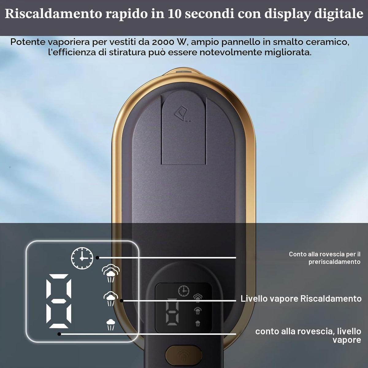 Steamer Da Viaggio Con Schermo LCD, Riscaldamento Rapido 10S, 2000 W, 3 Livelli Di Vapore, Manico Girevole a 180°, Piroscafo Portatile (Grigio)