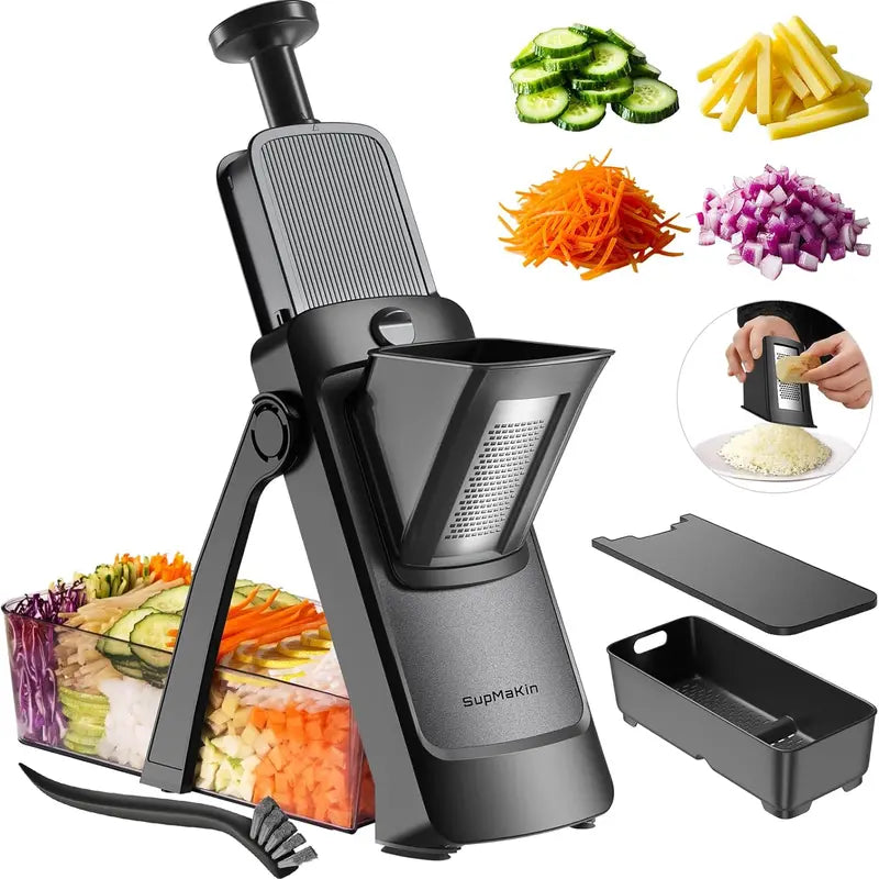 SUPMAKIN Stainless Steel Heavy-Duty Foldable Mandoline Slicer - Vegetable Shredder, Modern Potato Cutter, Potatoes Slicer with 3.94*4.7 Inch Feeding Port, Covered Extended Food Storage Container, Adjustable Blade Cutter, 2026 Kitchen Gift Utensil
