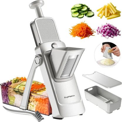 SUPMAKIN Stainless Steel Heavy-Duty Foldable Mandoline Slicer - Vegetable Shredder, Modern Potato Cutter, Potatoes Slicer with 3.94*4.7 Inch Feeding Port, Covered Extended Food Storage Container, Adjustable Blade Cutter, 2026 Kitchen Gift Utensil