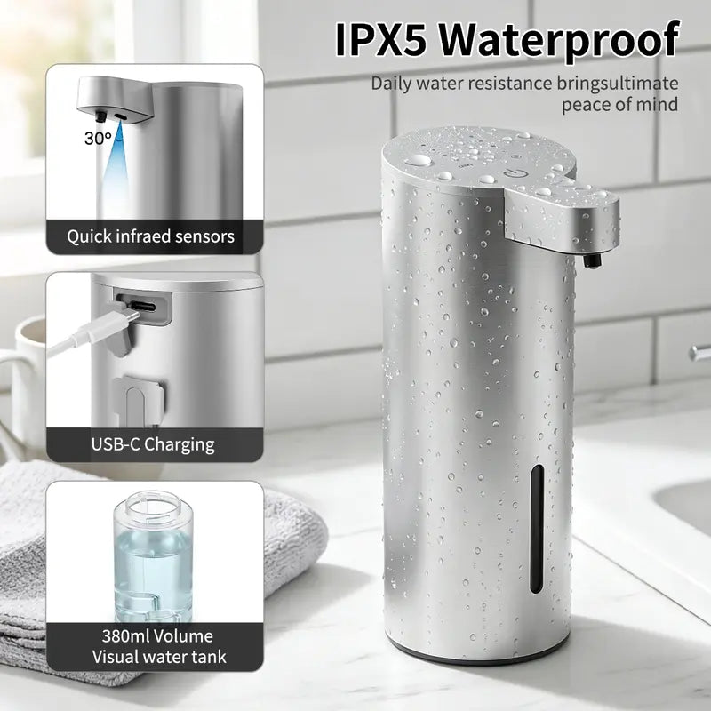 Antifingerprint Stainless Steel Automatic Dispensing Soap Dispenser, 360ML Visible Large Liquid Tank, IP67 Waterproof, Type-C Rechargeable (90-Day Runtime), Wall Mount-Countertop Dual Use, Foam/Diluted Liquid Soap Compatible, Ideal for Bathroom, Kitchen,