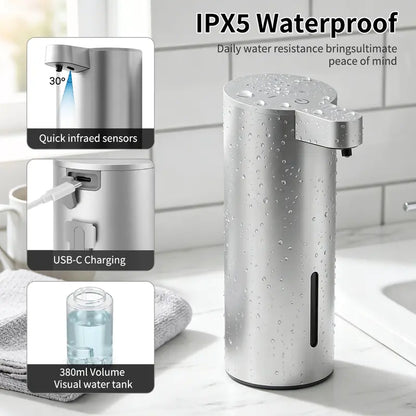 Antifingerprint Stainless Steel Automatic Dispensing Soap Dispenser, 360ML Visible Large Liquid Tank, IP67 Waterproof, Type-C Rechargeable (90-Day Runtime), Wall Mount-Countertop Dual Use, Foam/Diluted Liquid Soap Compatible, Ideal for Bathroom, Kitchen,