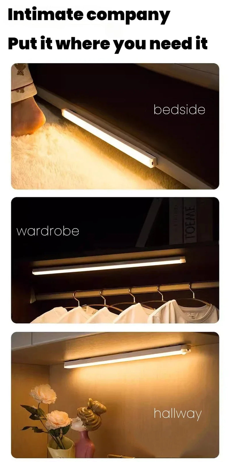 Wireless LED Night Lights Type C Rechargeable Motion Sensor Lights Closet Kitchen Night Lights Bedroom Cabinet Staircase Backlit